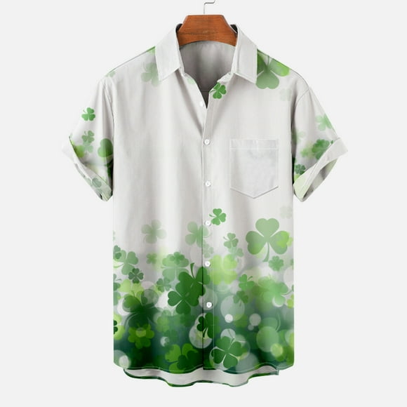 jsaierl Mens St Patricks Day Hawaiian Shirts Lucky Four Leaf Clover Graphic Vacation T-Shirt Summer Short Sleeve Bowling Shirts Tops Casual Button Down Shirts