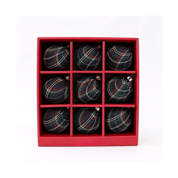 MERILER 9 Piece Plaid Christmas Ball Ornaments Set Fabric Wrapped Hanging Baubles Plastic Xmas Tree Decorations Holiday Home Party