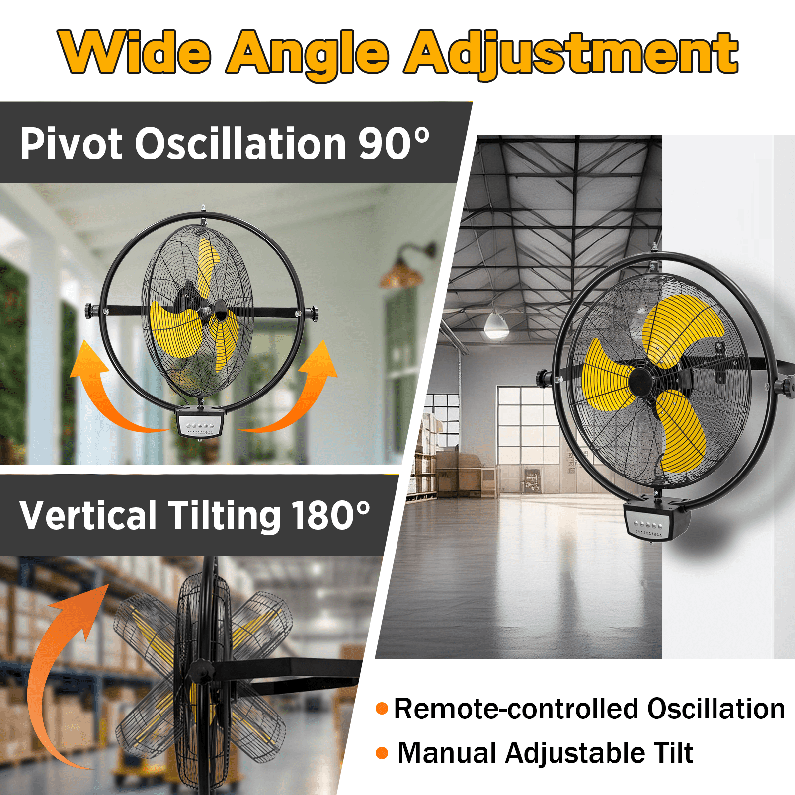 20 inch Wall Mount Fan Oscillating, 5000 CFM High Velocity Extended Remote and 9ft Power Cord, 3-Speed Industrial Wall Mounted Fan for Commercial, Greenhouse, Garage, Workshop, Gym