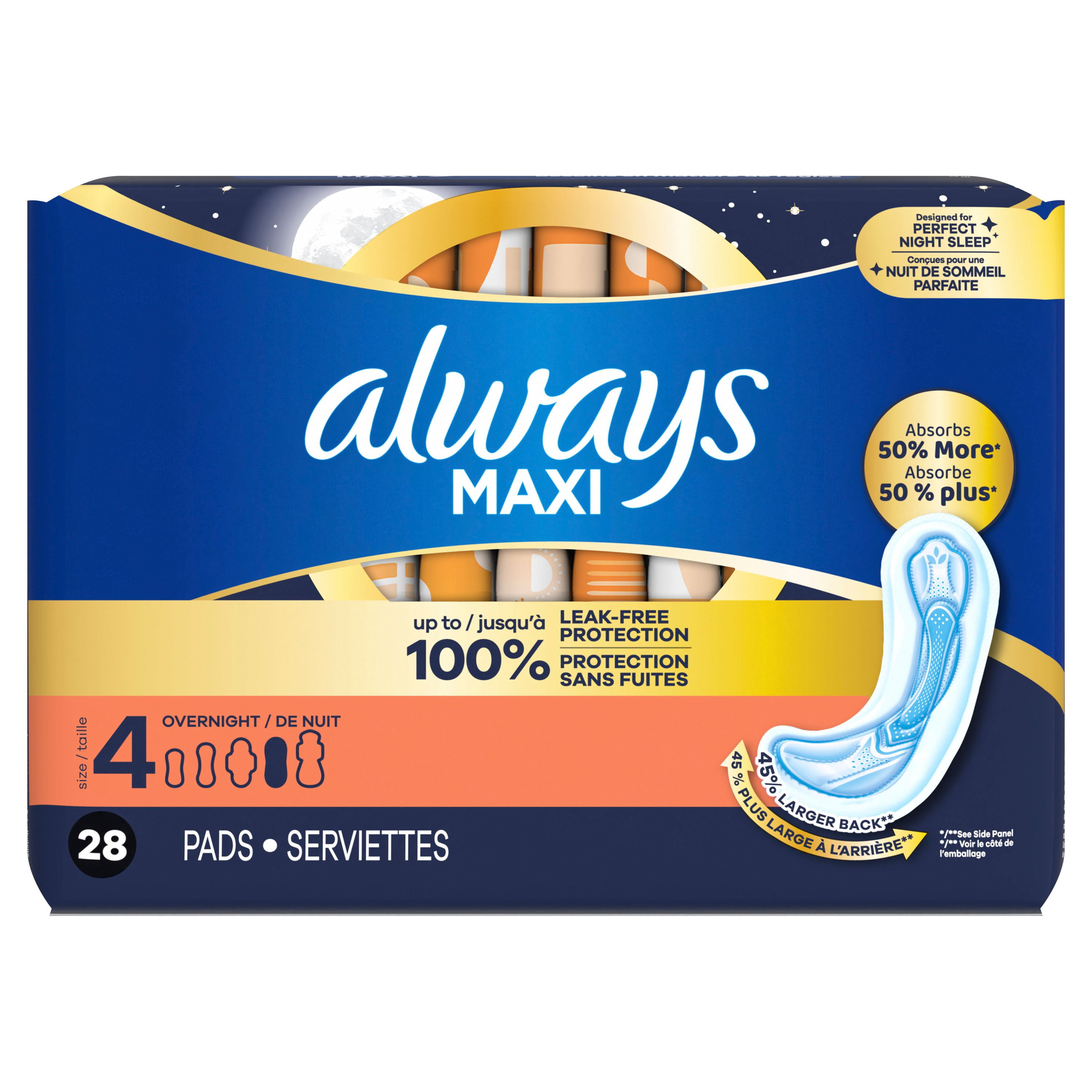 Serviettes Always Maxi, de nuit, degré d’absorption de nuit, sans ailes, pour femmes, taille 4, non parfumées