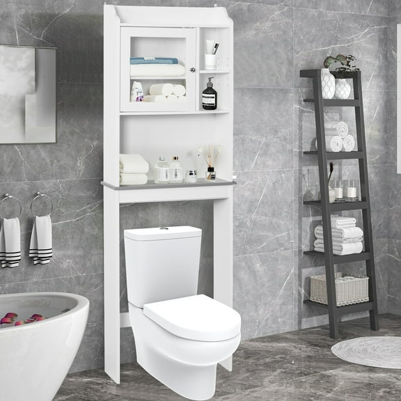 Legahome Over The Toilet Cabinet, Home Bathroom Storage Cabinet with Inner Adjustable Shelf and Open Storage Shelf, Tall Freestanding Bathroom Organizer Modern Toilet Storage Space Saver, White