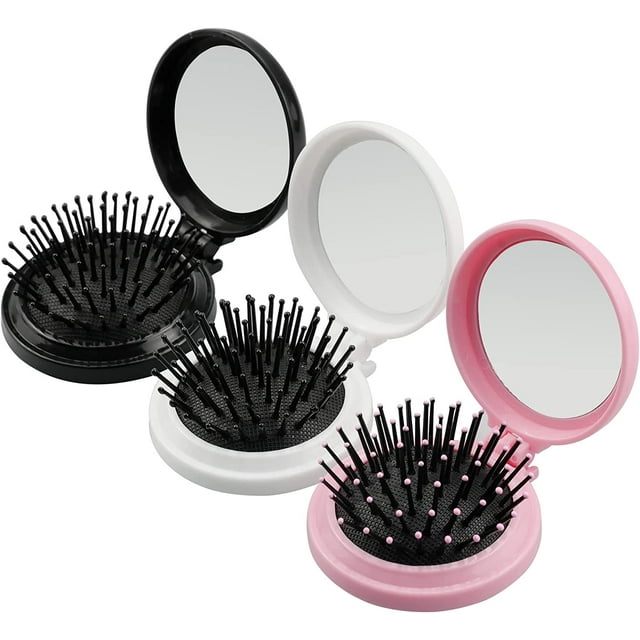 piezas de cepillo de pelo de viaje con espejo, mini peine con espejo de maquillaje, mini cepillos redondos plegables para uso diario y viajes