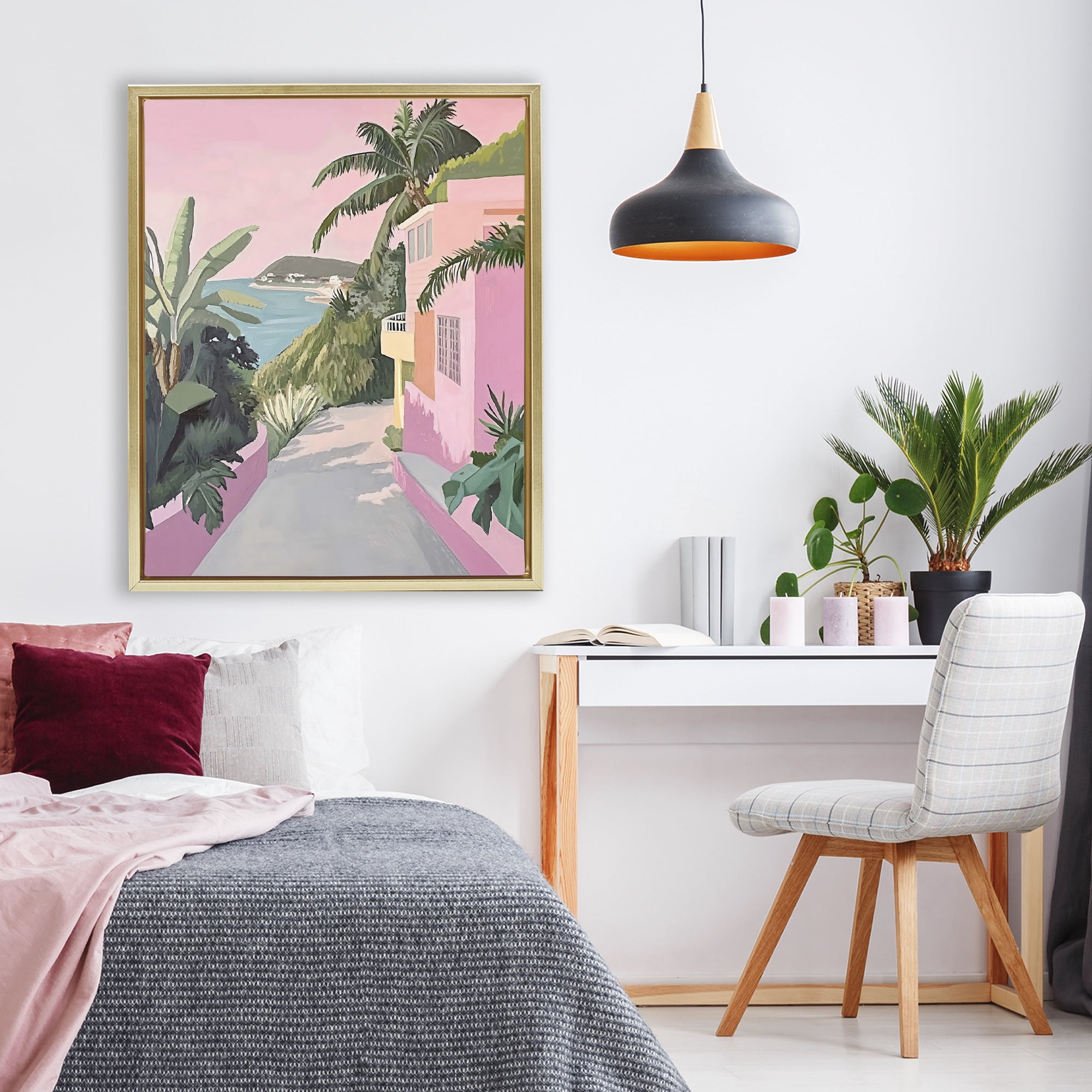 Stupell Industries Mediterranean Pink Coastal House Gold Framed Floater Canvas Wall Art, design by The Prints Vibe
