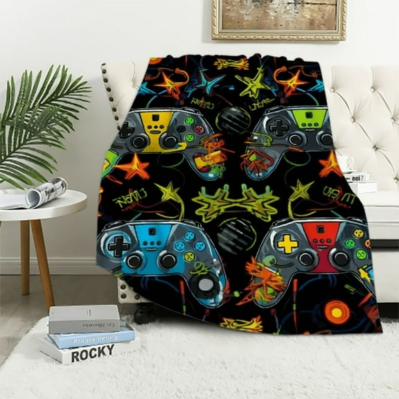 COMIO  Gamer Game Controller Blanket Kids Boys Colorful Gaming Gamepad Gifts Toys for Teen Teenage Birthday Christmas Valentines Day Bedroom Decor Soft Cozy Colorful Throw Black