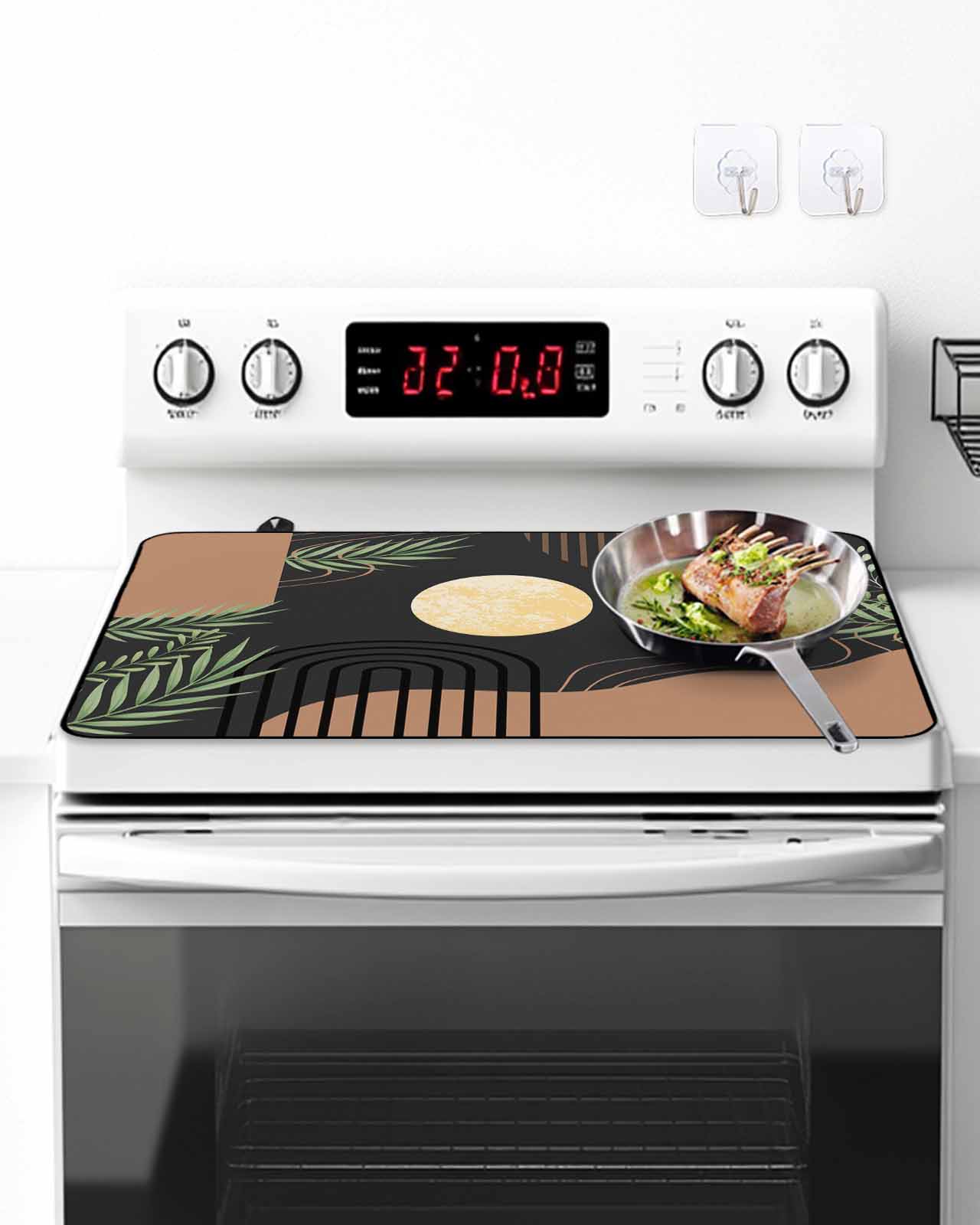 Stove Top Covers for Electric Stove, Boho Black Glass Stovetop Cover Protector, Brown Modern Stripes Moon Abstract Leaf Induction Cooktop Protector Oven Mat for Kitchen Countertop 24"x21"