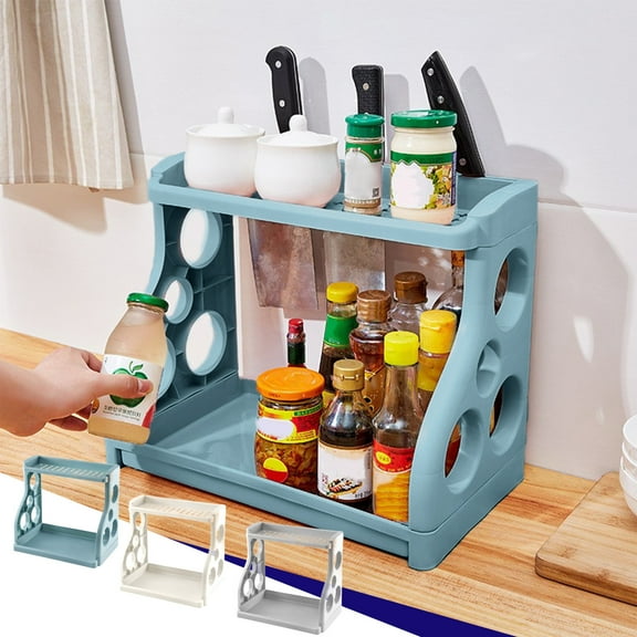 Gosuguu Multi-Purpose Kitchen Shelf, Double Plastic Floor Spice Rack, Removable Knife Storage Shelf, Kitchen Organizer Shelf for Spices and Kitchenware