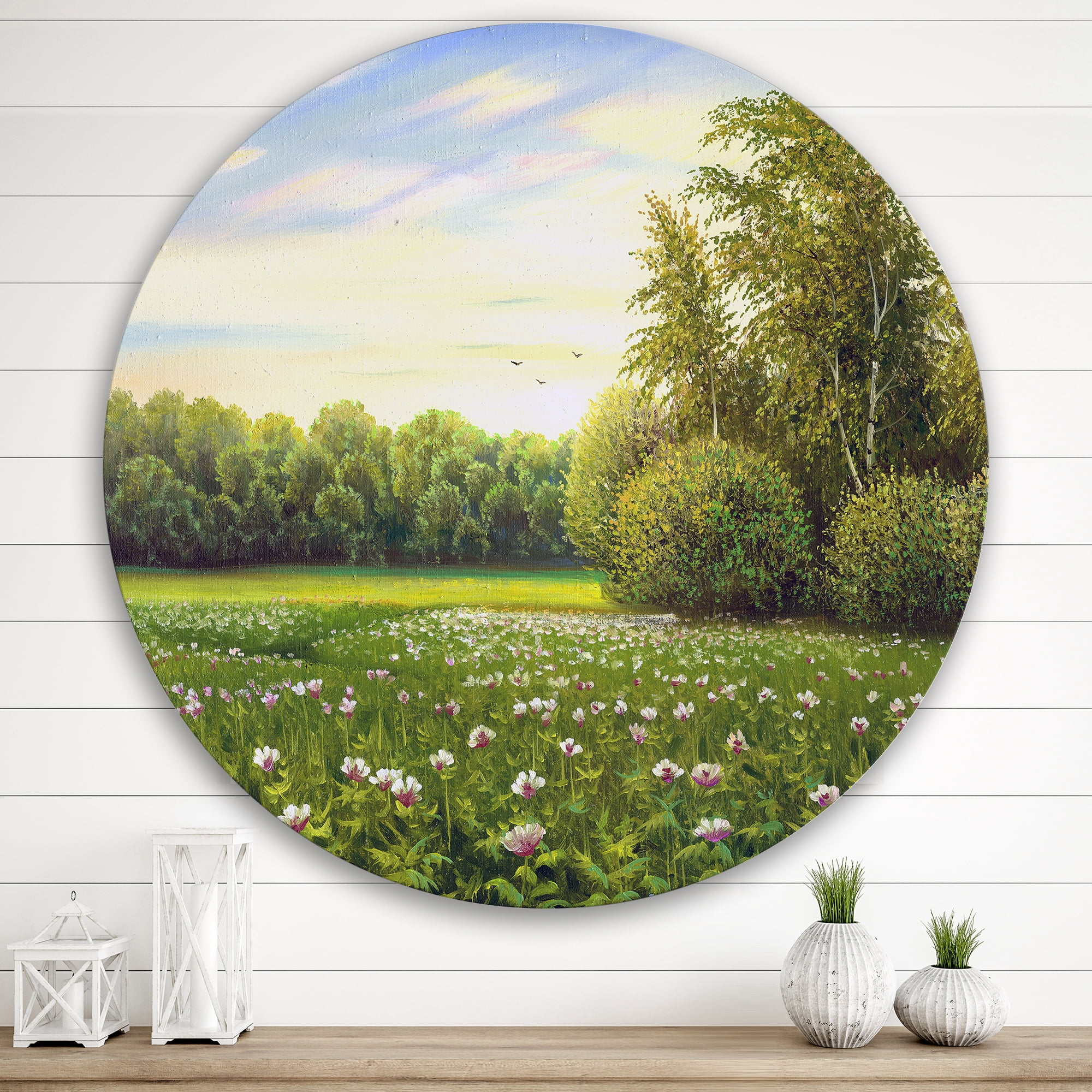 Designart 'Spring Trees By The Flowers and Meadows' Country Circle Metal Wall Art 36x36 - Disc of 36