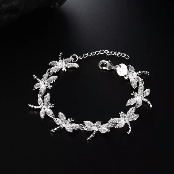 QQTDFG 925Sterling Silver Zircon Lovely Dragonfly Women Fashion Chains Bracelet 8" H121-default