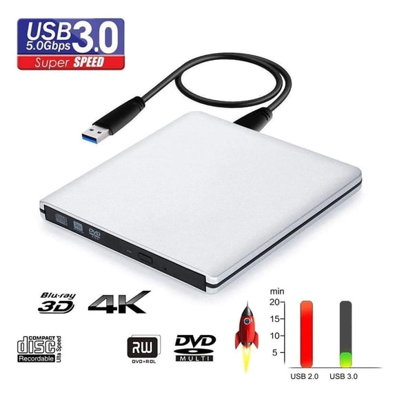 Ultra Slim External 4K Blu-Ray Drive - USB3.0 3D Blu-Ray Burner Writer Reader CD/DVD Player - Silent & Shockproof Tech