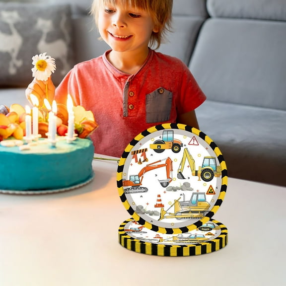 24Pcs Construction Truck Party Tableware 7inch Paper Plates– Disposable Vehicle Theme Plates, Napkins, and Forks for Birthday Parties and Truck-Themed Celebrations