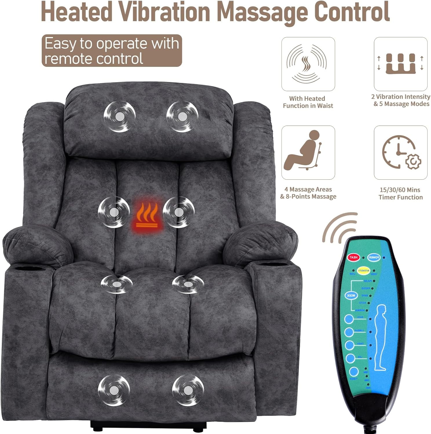 EPICOZY Large Power Lift Recliner Chair for Elderly Tall Man, Overstuffed Widen Massage Electric Recliner with Heat Vibration, Extended Footrest, Cup Holders, Side Pockets & USB Ports, Fabric Grey