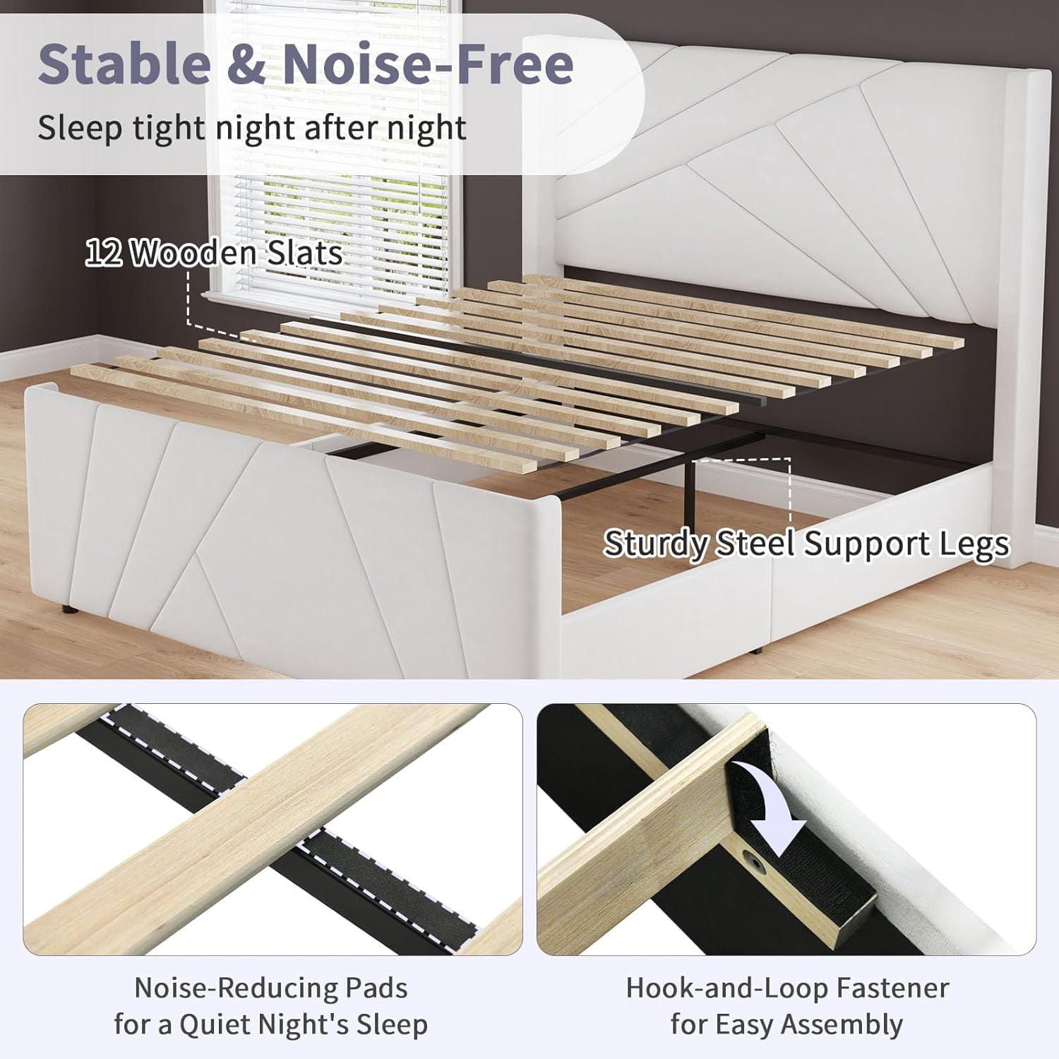 4 EVER WINNER Full Bed Frame, Velvet Upholstered Platform Bed with Headboard and Footbaord, Geometric Tufted Wingback Headboard & Footboard, White