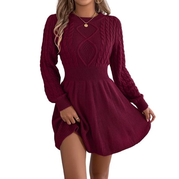 Womens Crew Neck Long Sleeve Spring Fall Dresses,Women's Fashion Casual Twisted Knit Fitted Waist Sweater A-line Skirt Round Neck Long Sleeve Solid Color Dress Wine