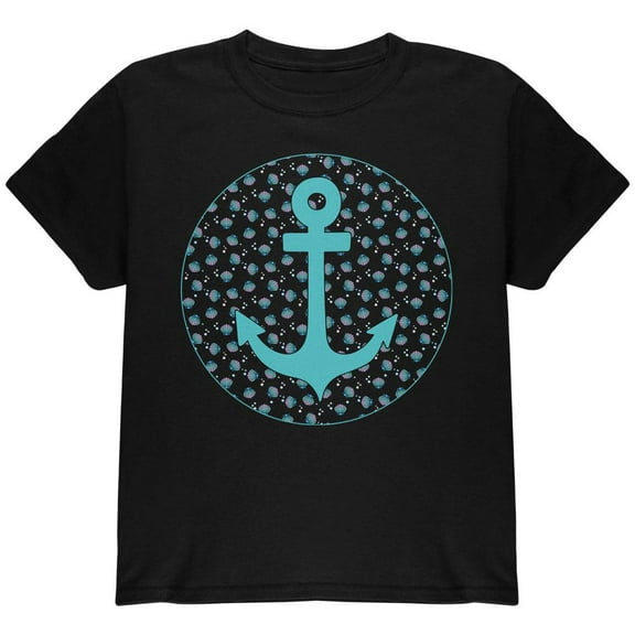 Beachy Anchor Shells Pattern Youth T Shirt Black YLG
