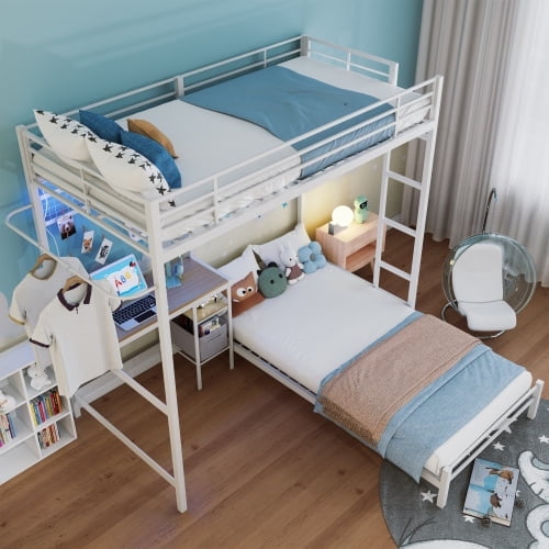 DRNANLIT Bunk Bed Twin Over Twin Size with Desk Station L-Shaped Metal Bunk Bed Storage Shelves and Drawers Loft Beds with Safety Guardrail and Ladder White