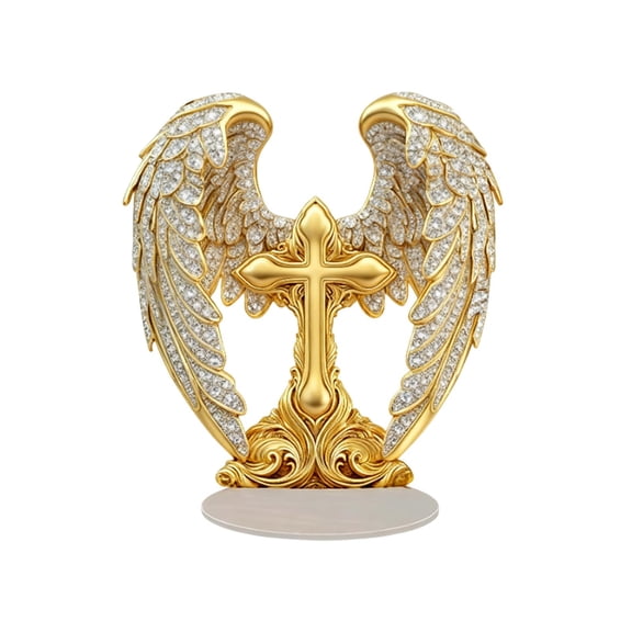 Luoshdecor Cross Angel Wing Table Ornament - 2D Flat Acrylic Desk Standing for Easter Desk, Living Room, or Office Decor