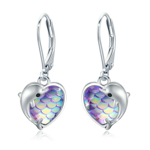 AOVEAO Dolphin Drop Dangle Earrings 925 Sterling Silver Lever Back Heart Fish Scales Earrings Fashion Jewelry Birthday Xmas Gift for Women Daughter Niece Mom Wife