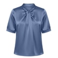thumbnail image 7 of Ecqkame Women's Satin Shirts Elegant Bow Tie Neck Short Sleeve Casual Loose Blouse Business Office Trendy Wrinkle Free Tops Blue XXL, 7 of 7