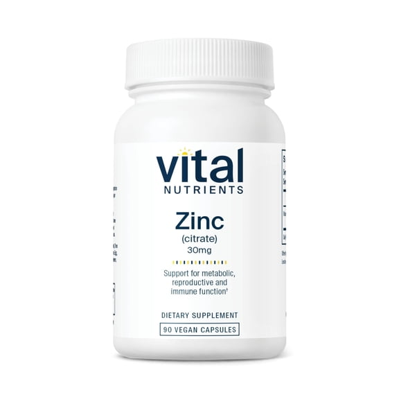 Vital Nutrients Zinc Citrate 30mg | Easily Absorbed Immune Support Supplement | Vegan Zinc Supplement | Gluten, Dairy, Soy Free | Non-GMO | 30mg | 90 Capsules