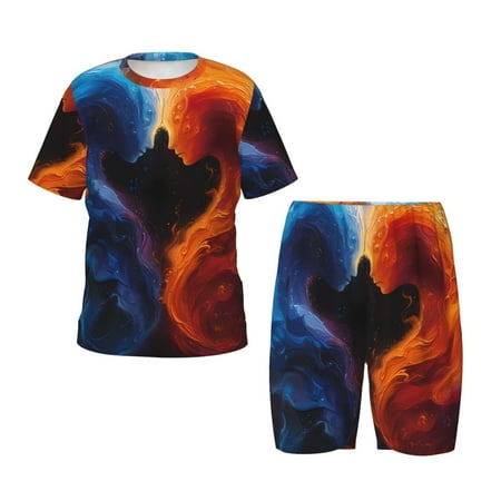 Luyuia Red And Blue Abstract Print Girls  2-Piece Tie-Dye Pajama Set  Cute Summer Loungewear with Shirt and Tank Shorts Nightwear-Medium