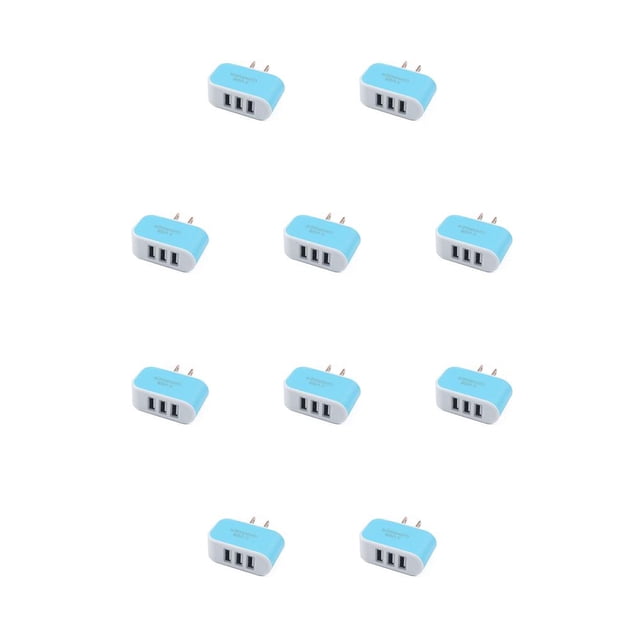 Inteprter USB Universal de 3 puertos para teléfono móvil, de enchufe europeo/estadounidense, adaptador de de pared Azul 10piezas