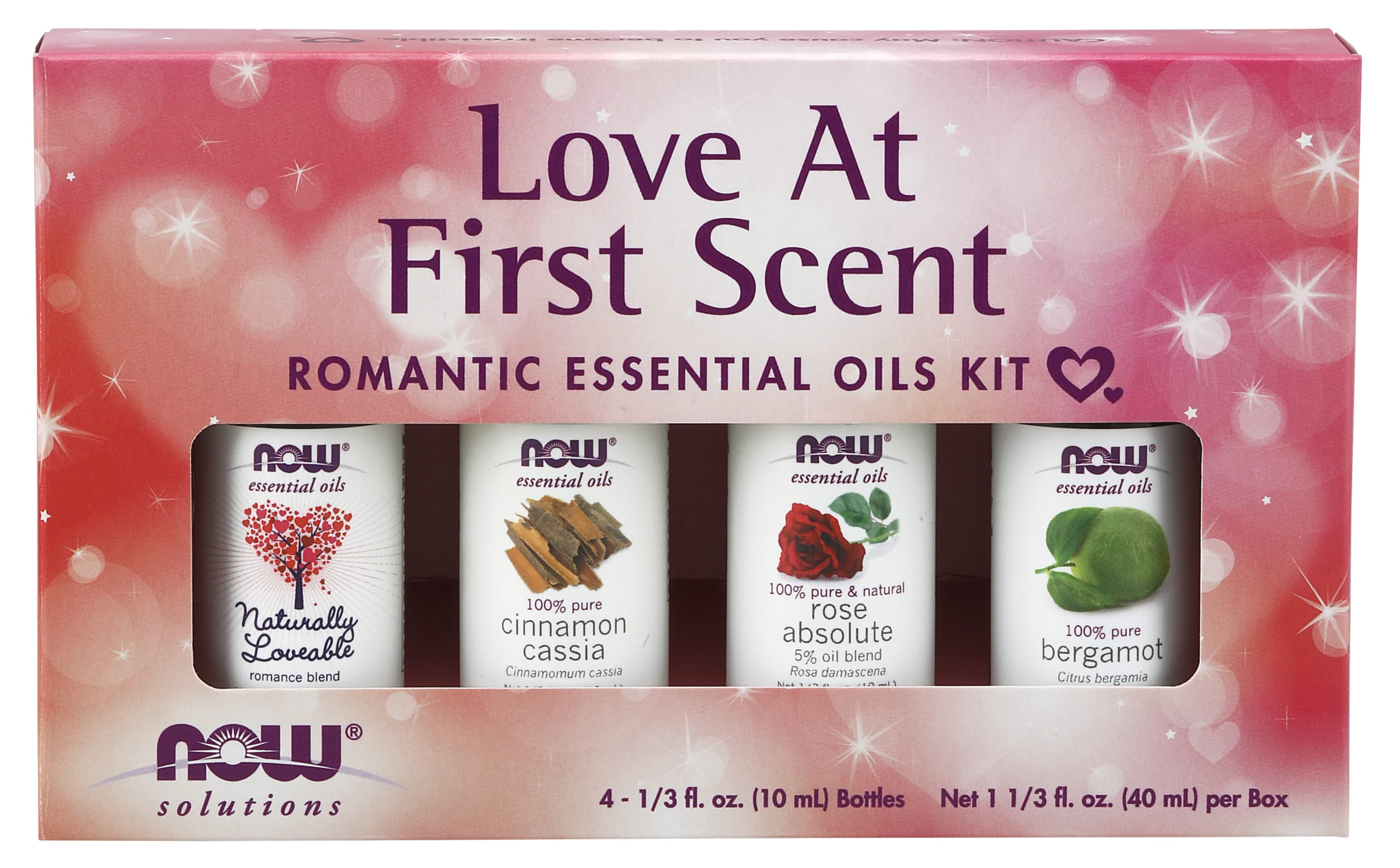 NOW Essential Oils, Love at First Scent Aromatherapy Kit, 4x10ml Including Bergamot, Cinnamon Cassia, Rose Absolute and our Naturally Loveable Essential Oil Blend With Child Resistant Caps