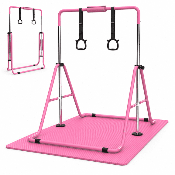 Gymnastics Bar for Kids, Adjustable Height Foldable Horizontal Bar with Mat, Junior Gymnastics Training Equipment for Home, Toddler Pull-Up Bar, Indoor & Backyard Gym Fitness Tool, Pink