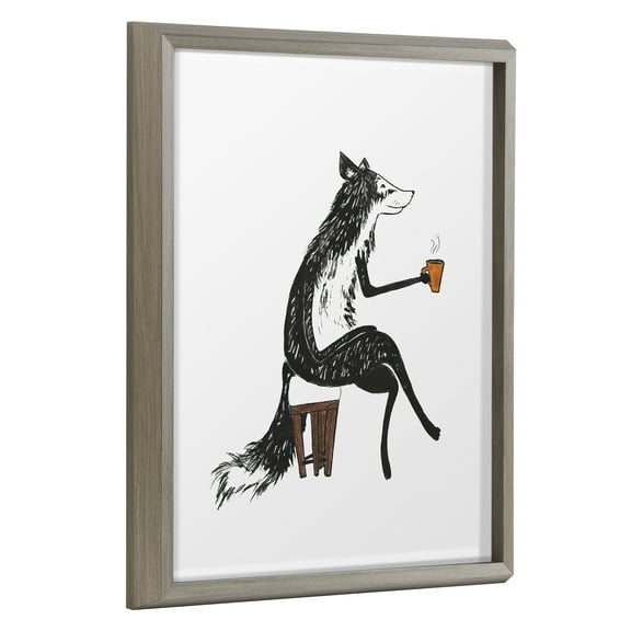 Kate and Laurel Blake Fox Orange Coffee Cup Framed Printed Glass Wall Art by Viola Kreczmer, 16x20 Gray, Modern Animal Art for Wall