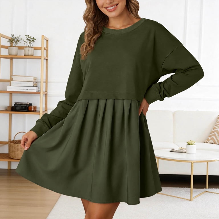 green sweater dress walmart Tisuna Army For Women Solid Color Long Sleeve Crew Neck Dresses Ladies Comfort Loose Spring Fall Dress Size S Sleeves_Flare Sleeves