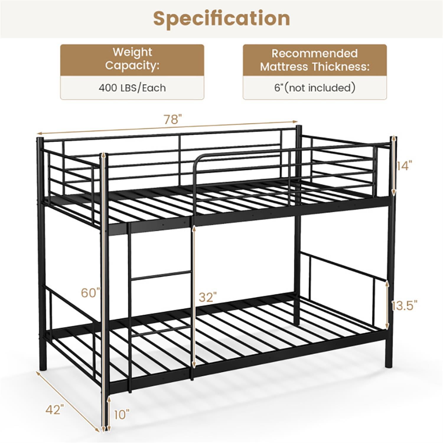 Demi Bonn Metal Bunk Bed Frame Twin Over Twin with Ladder and Full-length Guardrails, Heavy Duty Metal Bed Frame, Black