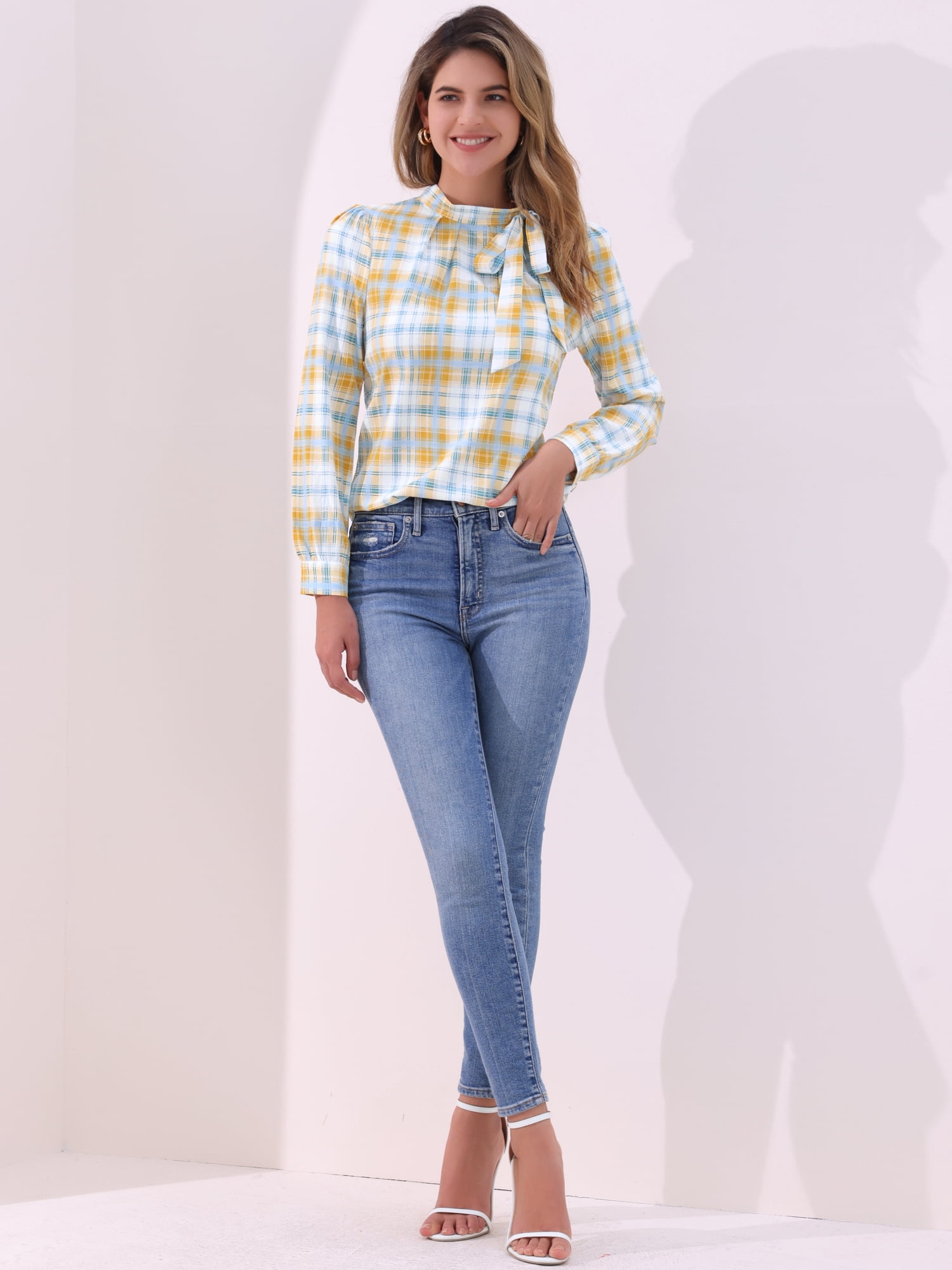 DARING DIVA Bow-Tie Neck Shirt Tops XL White Yellow Green