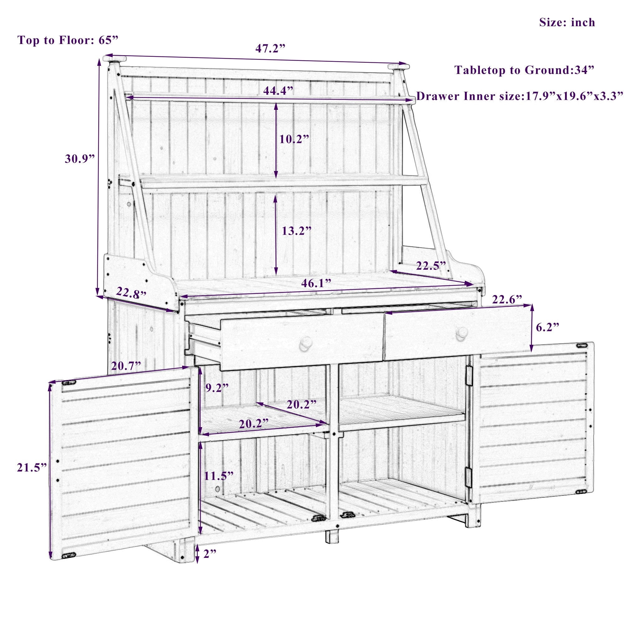 Sailvan 65 inch Garden Potting Bench Table,Fir Wood Outdoor Workstation with Storage Cabinet,Drawers and 3 Tier Shelves,Rustic Patio Island Gray