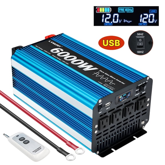 LVYUAN 3000W 6000W Peak Pure Sine Wave Power Inverter 12V DC to 110V AC Converter, 60Hz/50Hz, 4 AC Outlets USB, LCD Display, Remote Control for Car, RV, Camping & Home Backup Blue