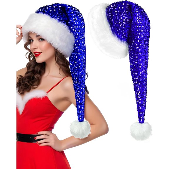 Long Santa Hat Christmas Hat Sequin Plush Xmas Hats for Christmas New Year Festive Party Supplies