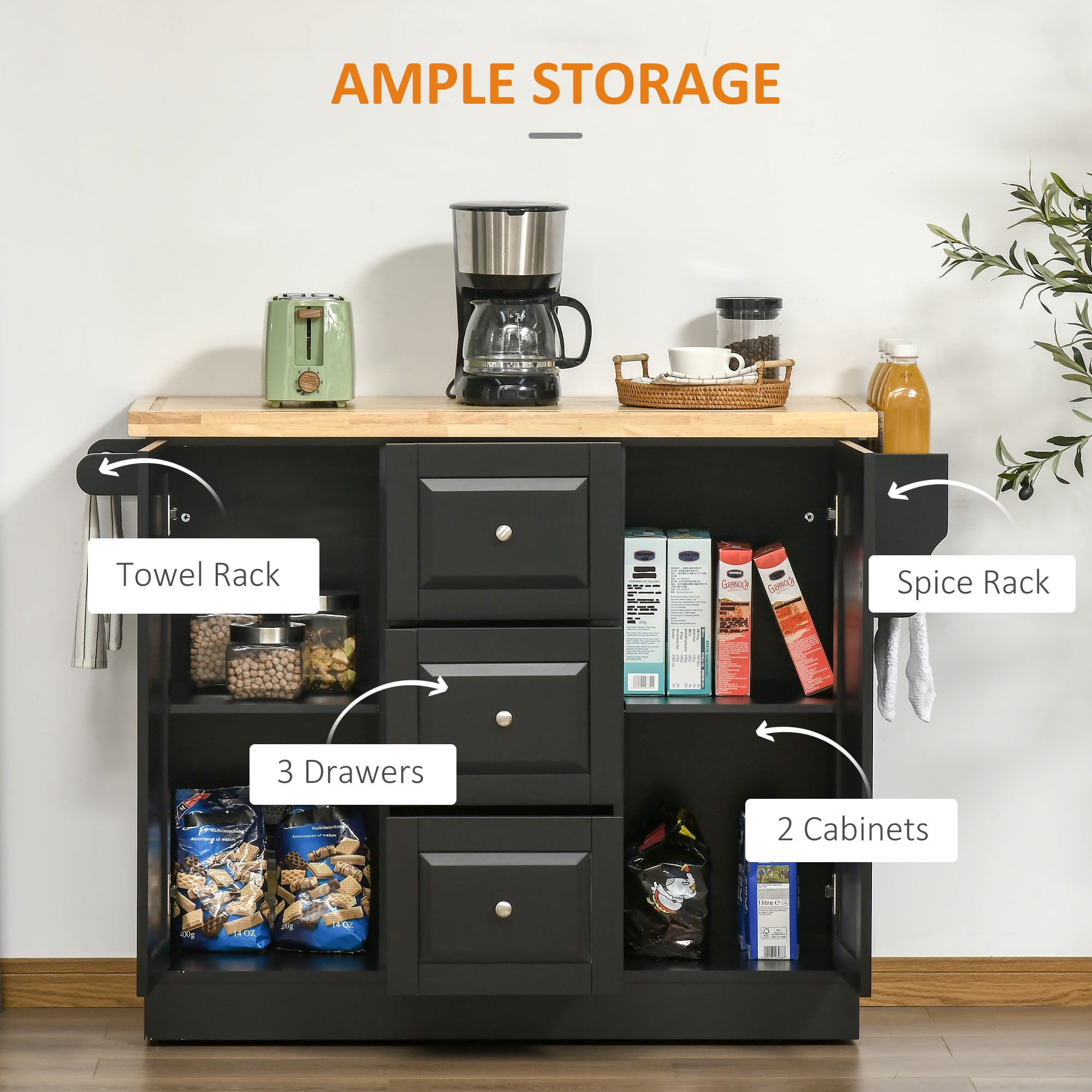 Homcom Triple-cabinet Kitchen Island On Wheels That Remove, Kitchen Storage  Cabinet With Drawers & Countertop, Rolling Utility Cart In Wood, Black :  Target