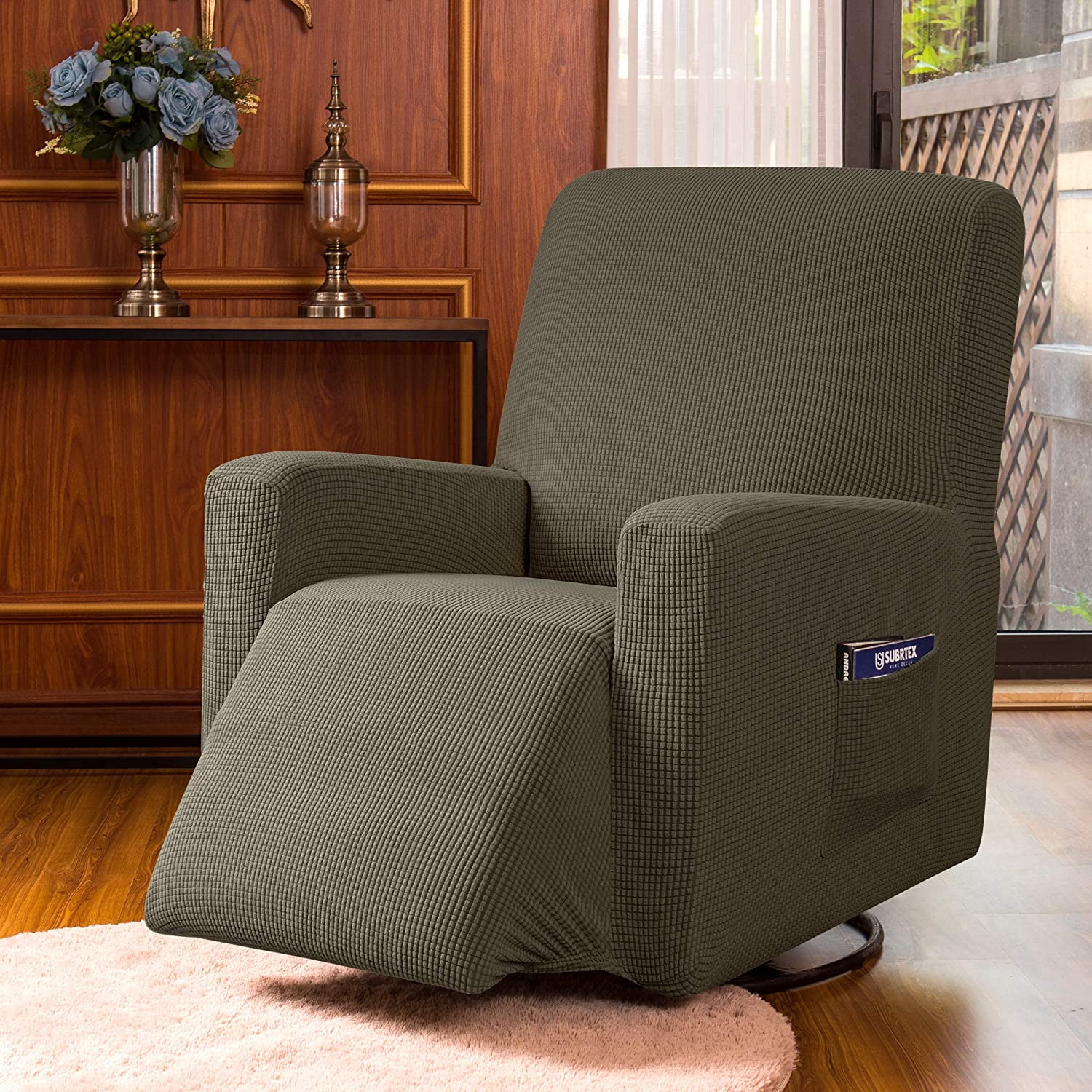 Subrtex Stretch 1-Piece Textured Grid Recliner Slipcover, Olive Green