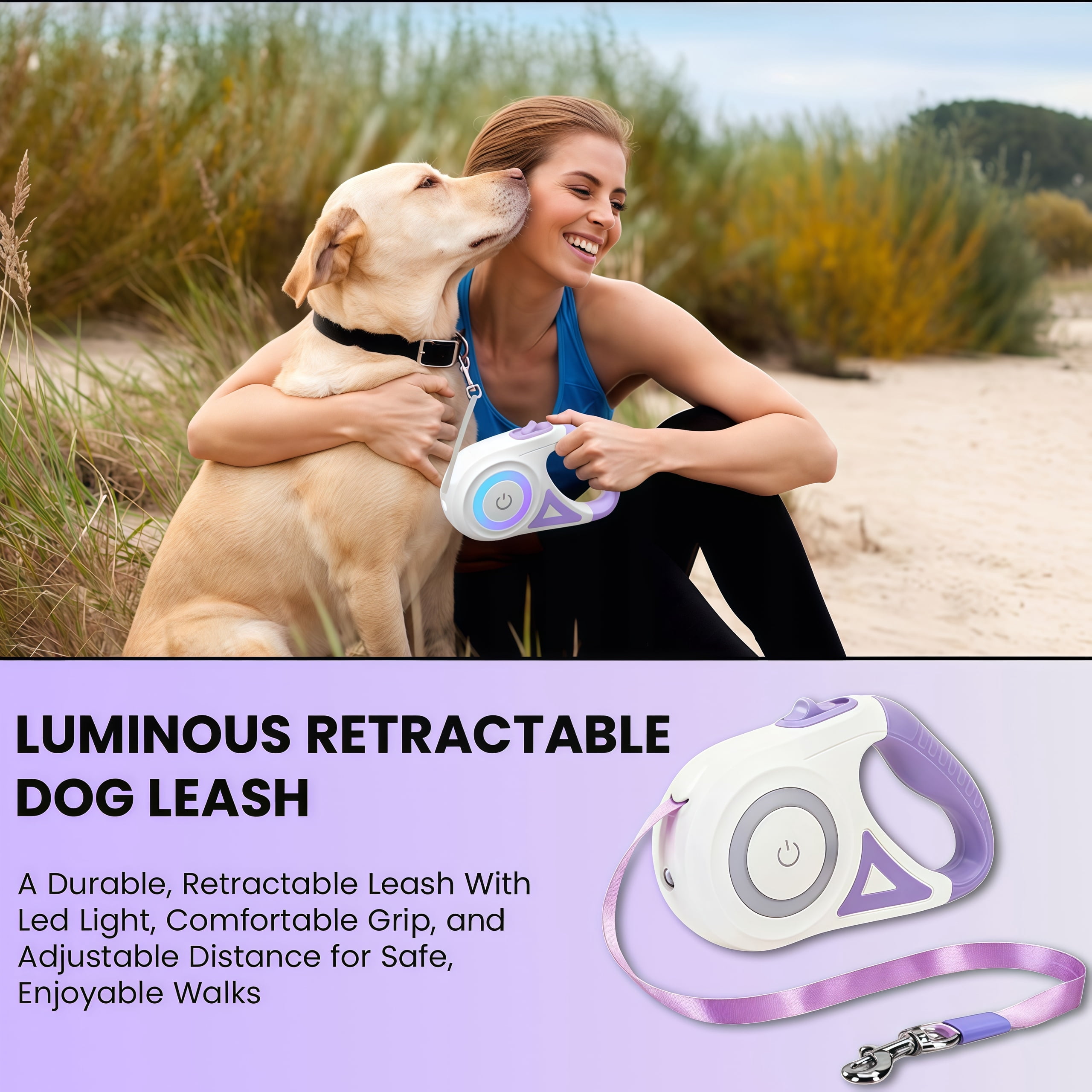 Dog Supplies Luminous Retractable Dog Leash with Front Safety Led Light - 360°Tangle-Free Training Leash for Ultimum Freedom with Anti Slip Handle Dogs & Cats - Purple