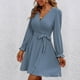thumbnail image 3 of Vestido de cuello en V Color puro Globo Manga larga Fibra de poliéster Casual Vestido con cinturón para compras diarias Azul S, 3 of 6