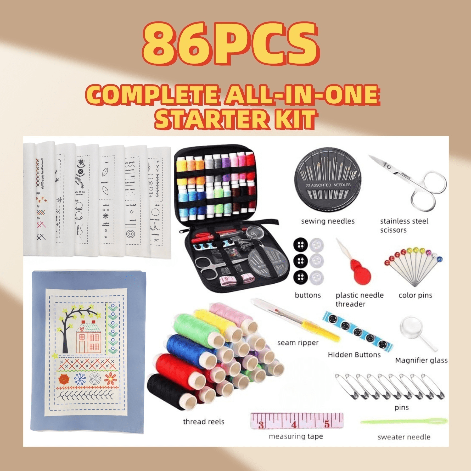 Kcomotee Embroidery Stitch Book Kit ,Embroidery Kit 86 Piece, Perfect for Beginners and Craft Lovers