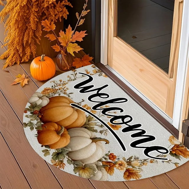 Tapetes de poliéster para decoración navideña, tapete de semicírculo con forma de calabaza y hoja de arce para Acción de Gracias, tapete resistente a la suciedad para la entrada del porche, tapete dec