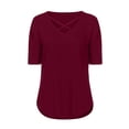 thumbnail image 5 of JINMGG Womens Tops Clearance under $5 Women Tops V-neck Cross Collar Soild Short Sleeve T-Shirt Blouse Wine L, 5 of 7