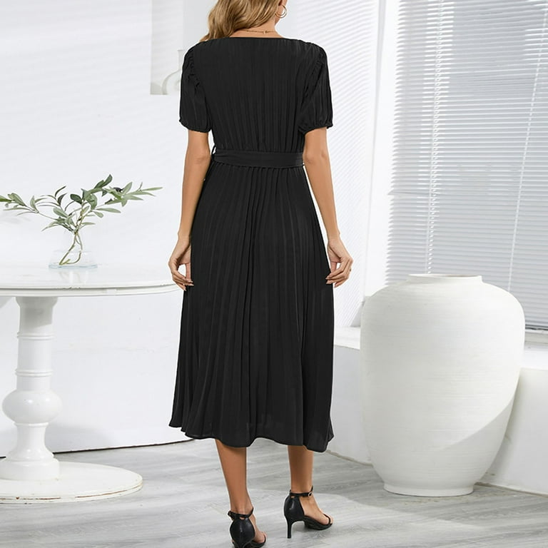 Baqcunre Womens Dresses Women V Neck Lace Up Short Sleeve Solid