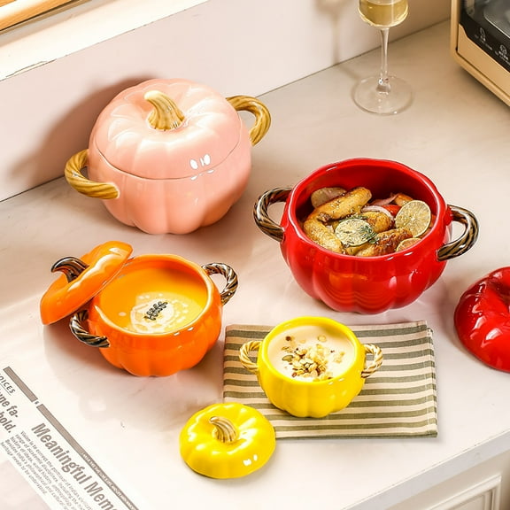 Dutch Oven Pot with Lid, Pumpkin Pottery Dessert Saucepan, Mini Baking Dish Cute Pumpkin Bowl, Covered Dutch Oven Ceramic Stockpot, Pumpkin-Shaped Casserole Pink 400ML