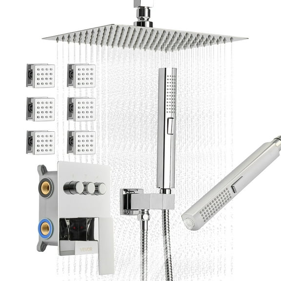 VEVOR Shower Faucet Set, 10 Inch Ceiling Mount Rainfall Shower System with 6 Body Jets and 2 in 1 Handheld Spray, Rotatable 3-Function Rain Head System Set, Complete Brass Valve and Trim Kit, Chrome