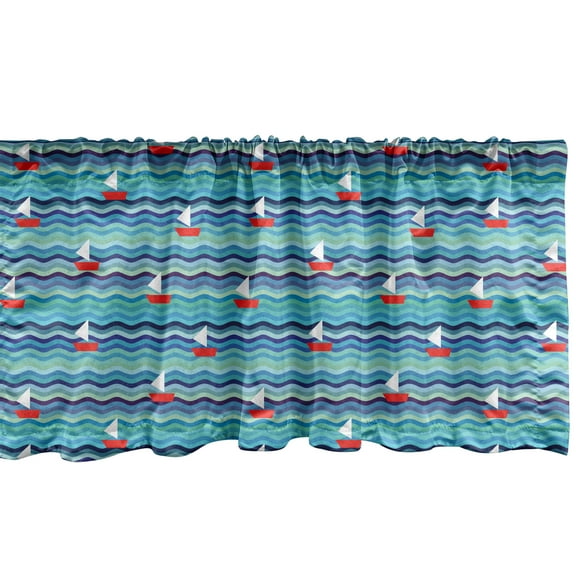 Nautical Window Valance, Simplistic Design Sail Boats on Abstract Wavy Background in Aqua Color Palette, Curtain Valance for Kitchen Bedroom with Rod Pocket, 54" X 12", Multicolor, by Ambesonne
