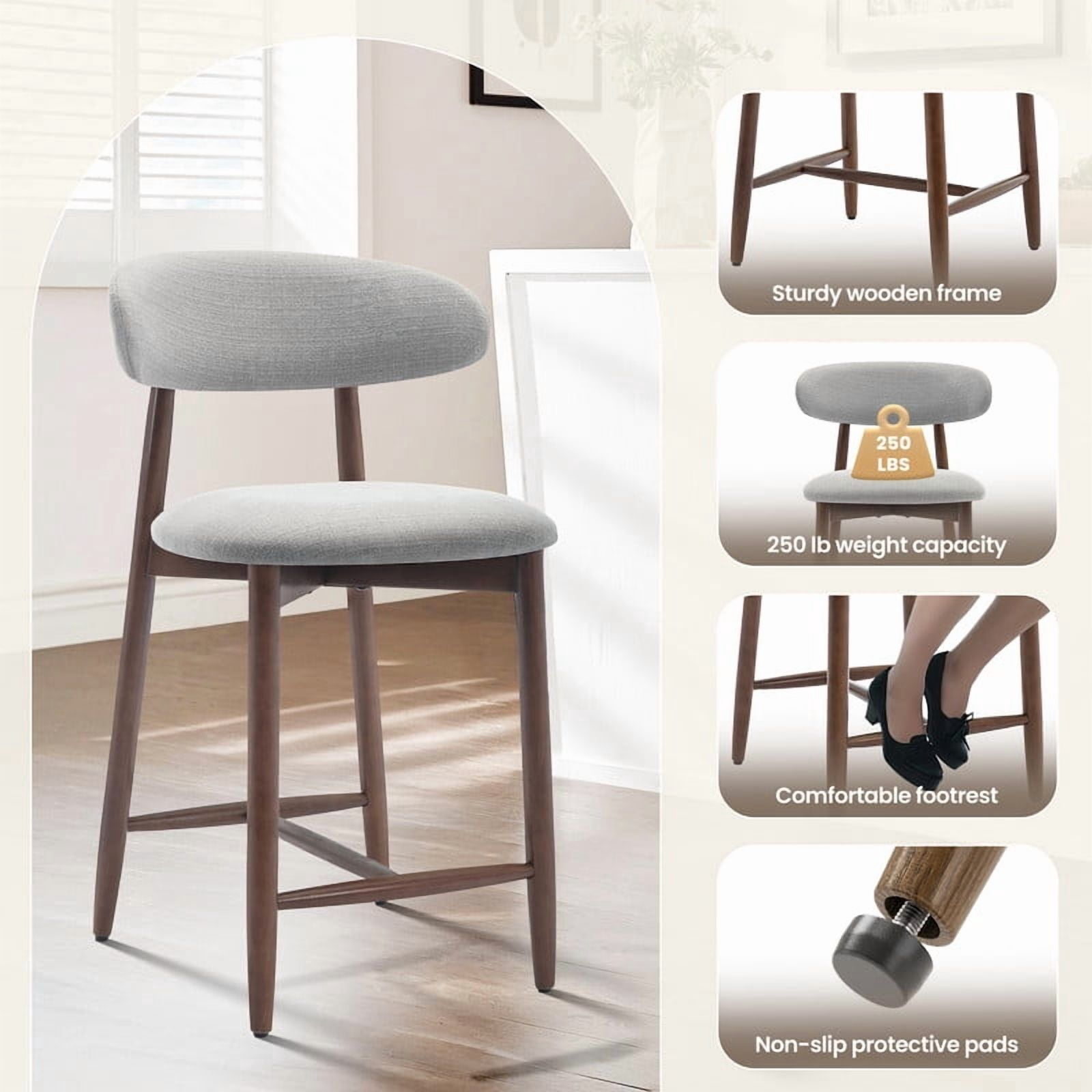 COLAMY Upholstered Counter Height Bar Stools Set of 3, Kitchen Island Stools with Back, Suitable for 34"-41" Table, Modern Counter Chairs with Wood Legs for Dining Room, Light Grey