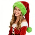 thumbnail image 2 of Red Plush Santa Hat Green Trim Adult Long Christmas Party Headwear Festive Holiday Decoration, 2 of 6