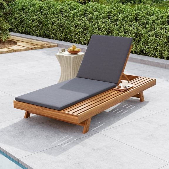 Gearwell Chaise Lounge Set, Acacia Wood Patio Recliner Outdoor Lounger with Side Space and Dark Grey 2 Inch Water-Resistant Cushion for Poolside Deck Garden