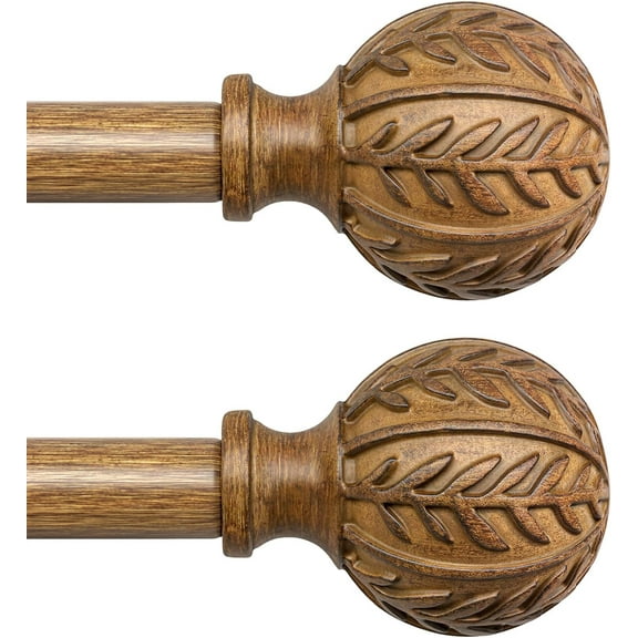 2 Pack Boho Wood Curtain Rods for Windows 28 to 48 inch,1" Adjustable Heavy Duty Window Curtain Rod with Imitation Wood Grain Finials,Rustic Decorative Drapery Rods Set 18-60'',Natural Wood