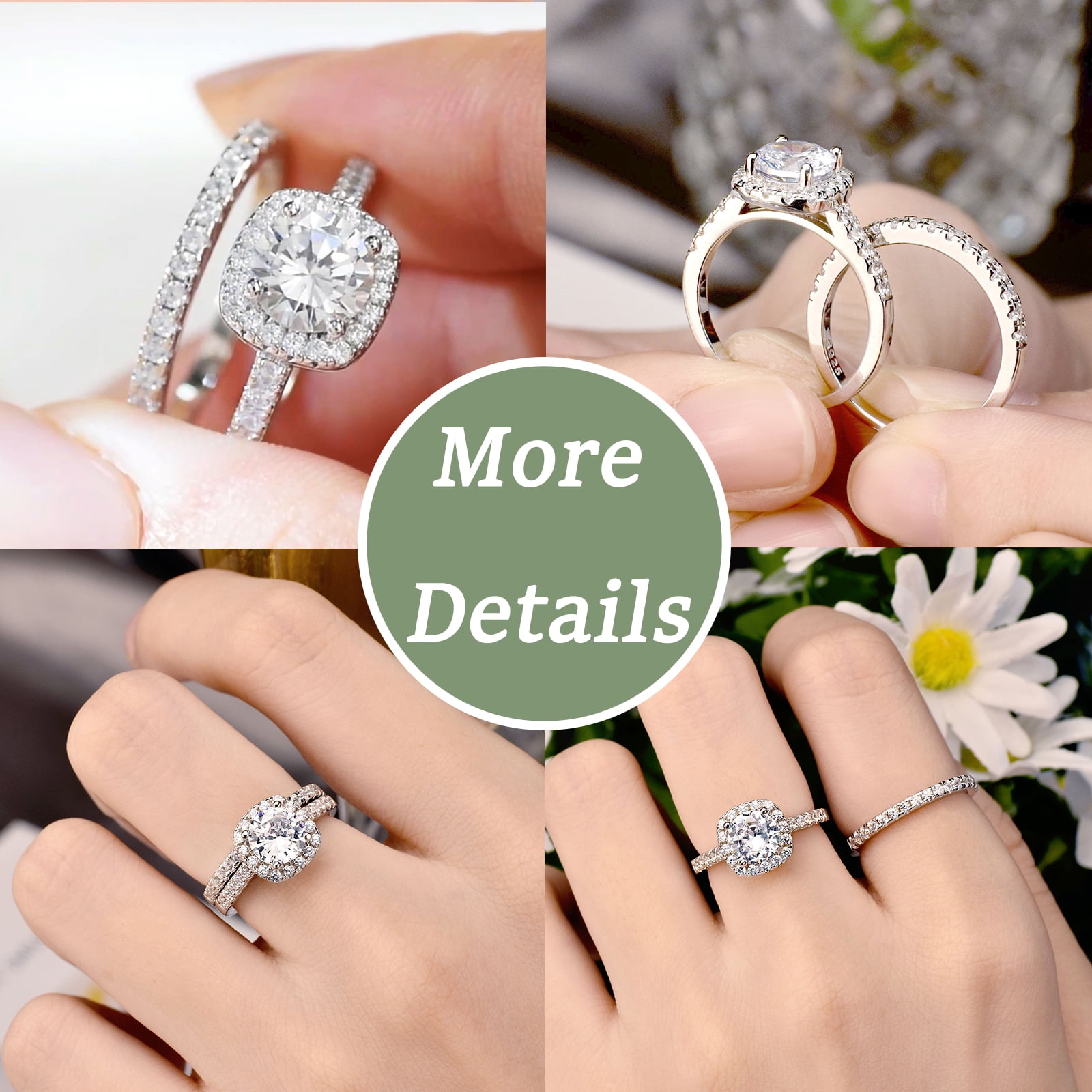 Wuziwen 2Ct Round Cut Wedding Rings for Women Halo Engagement Ring Sets 925 Sterling Silver CZ Size 7